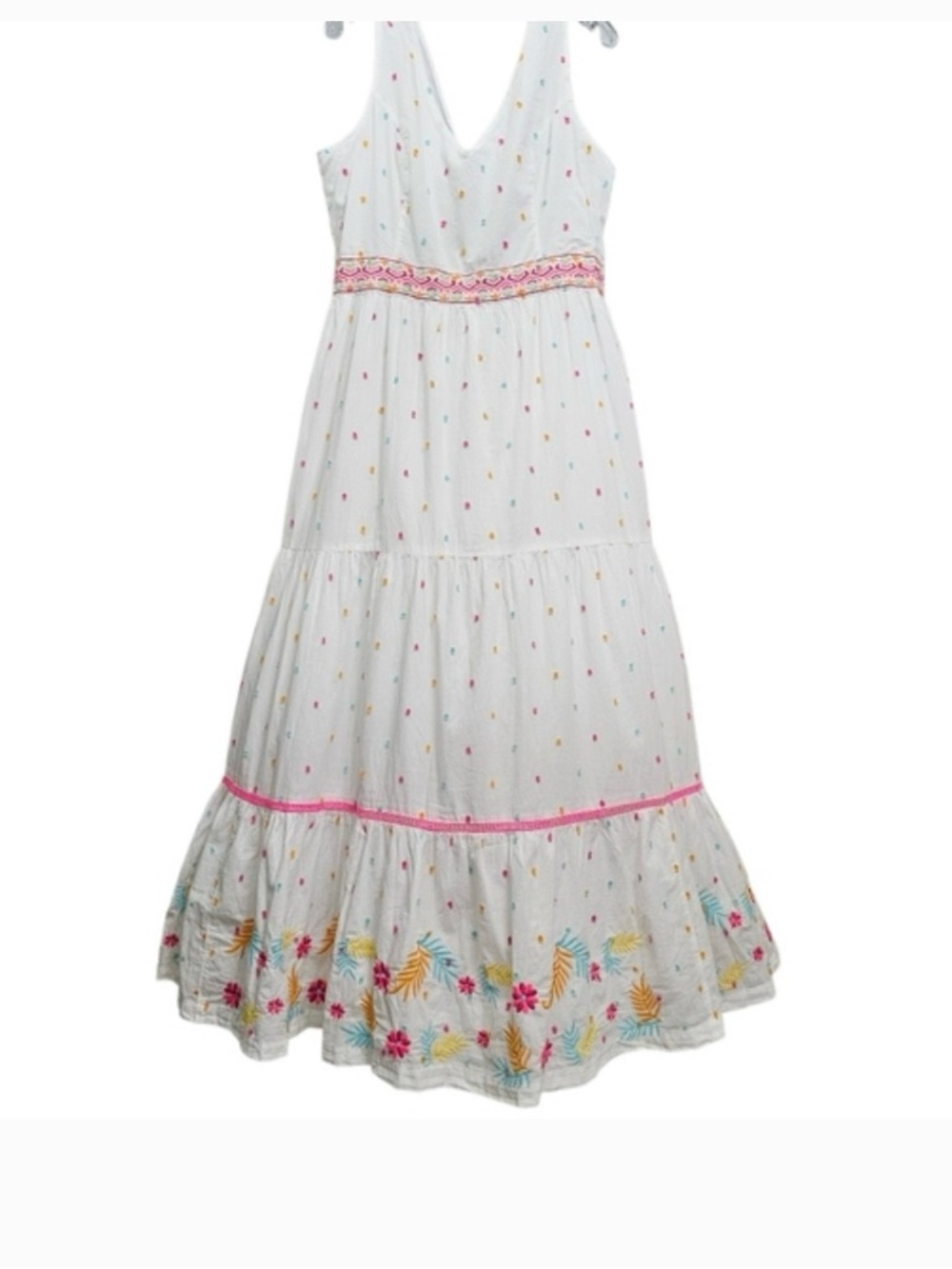 crown & ivy White Maxi Dress with Pink & Yellow Floral embroidered Accents